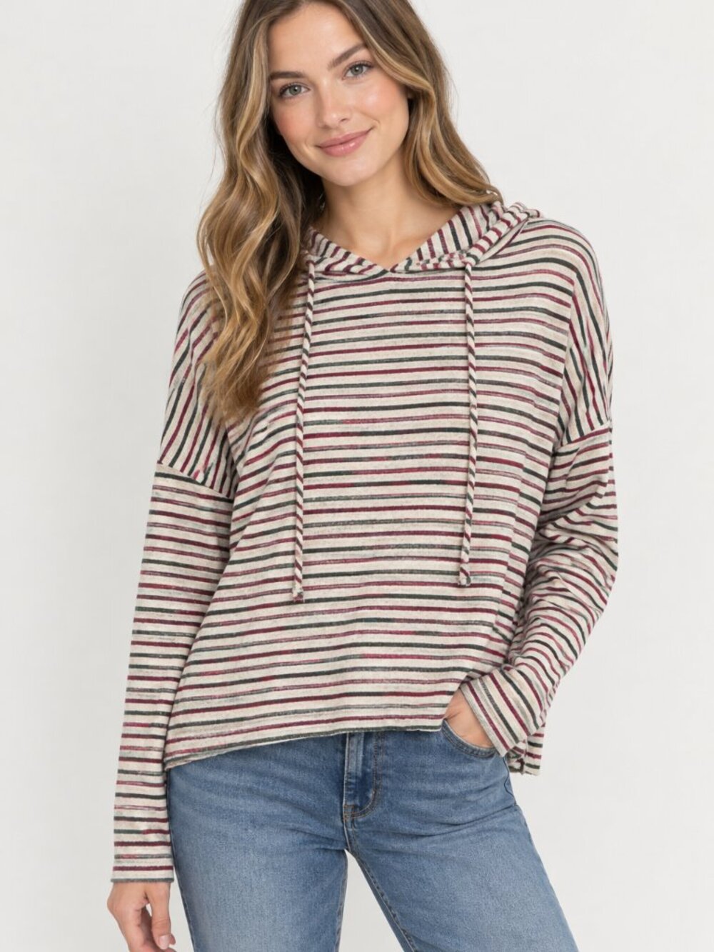 MOD Striped Hooded Long-Sleeve Top in Cream, Burgundy, and Green Size Large